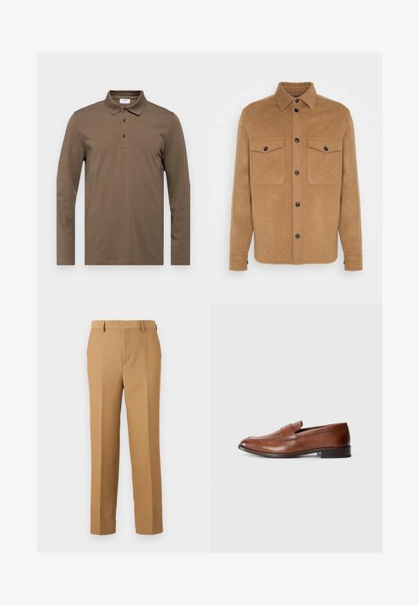 Pruun villasegu särk-jakk, millel on terav krae, mustad nööbid, kaks rinna taskut ja sirge lõige. Pehme tekstuur, minimalistlik disain.; Pikend varrukatega pruun polo särk, mis on valmistatud pehmest kangast, klassikalise kraega, kolmes nupuga kinnitusega ja peente õmblusdetailidega.; Beige dressipüksid, mis on valmistatud kootud kangast, sirge lõikega, lapikud ees ja vöökohaga silmad. Sujuv tekstuur, ilma nähtavate mustriteta.; Pruunist nahast loafersid ümmarguse varbaga, minimaalse õmblusega ja madala plokknõgaga. Omavad dekoratiivset rihma üle varbaosa.