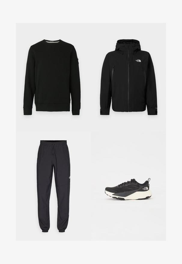 Černá bunda s kapucí, se zipem na přední straně, dvěma zipovými bočními kapsami, nastavitelnými manžetami a logem na levé horní části hrudi.; Černý svetr s kulatým výstřihem a dlouhými rukávy, s žebrovanými manžetami a lemem. Měkká látka s etiketou na levém rukávu a minimalistickým designem.; Černé sportovní kalhoty vyrobené z lehké tkaniny, s páskem na šňůrku, bočními kapsami a zúženými manžetami na kotnících.; Černá sportovní bota s texturovaným síťovaným svrškem, solidními černými akcenty a bílou lehkou podrážkou. Vybavena šněrováním a poutkem.