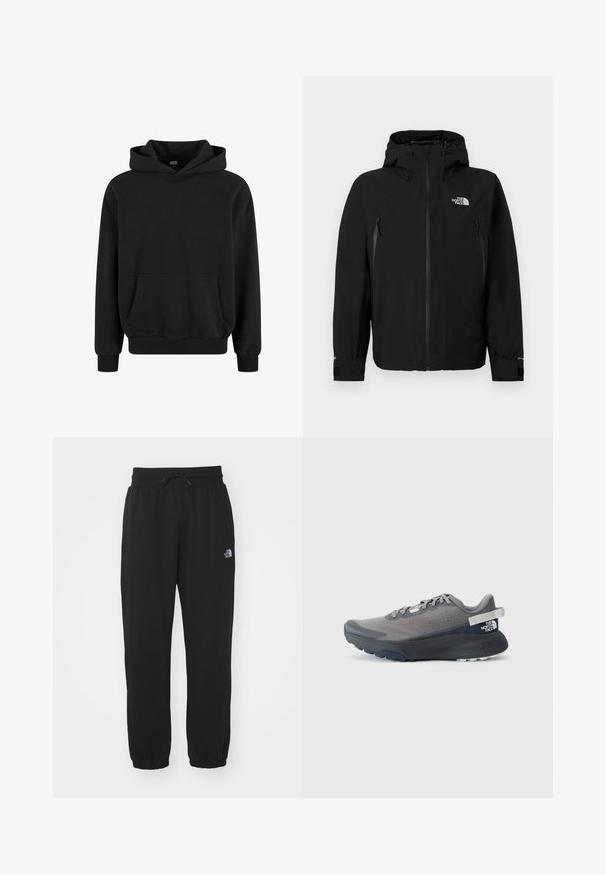 Must have kapuutsiga must jakk, millel on esiküljel tõmblukk, kaks tõmbluku taskut külgedel, reguleeritavad mansetid ja logo vasakul rinnal.; Musternööp, laiad varrukad ja soonikkoesega krae ja äär. Valmistatud pehmest kangast, millel on sile pind.; Mustad mustad, mis on valmistatud pehmest kangast, elastse vöökoha ja kinnitustrossiga, puhv-, pahkluuotsad ja väike logo ülemisel reitel.; Hallide hallitusseente kõndimiseks mõeldud hall jooksujalats, millel on tekstureeritud pealis, lame pael ja tugev tald, ning kandmiseks mõeldud tab, millel on bränding. Tumeda halli tooni aktsendid.