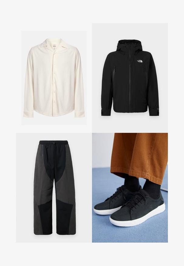 Veste noire avec capuche, dotée d'une fermeture éclair frontale, de deux poches latérales zippées, de poignets ajustables et d'un logo sur la poitrine supérieure gauche.; Chemise boutonnée à manches longues de couleur crème avec un design en rayures texturées et un col à encoches. Possède un ourlet arrondi et des accents de boutons.; Pantalons noirs à accents en polaire avec une coupe décontractée, dotés de panneaux en tissu gris foncé contrastants et d'une ceinture à cordon ajustable.; Baskets en suede noir avec semelles en caoutchouc blanc, présentant un design à lacets, des accents texturés et une branding discrète, associées à un pantalon marron.