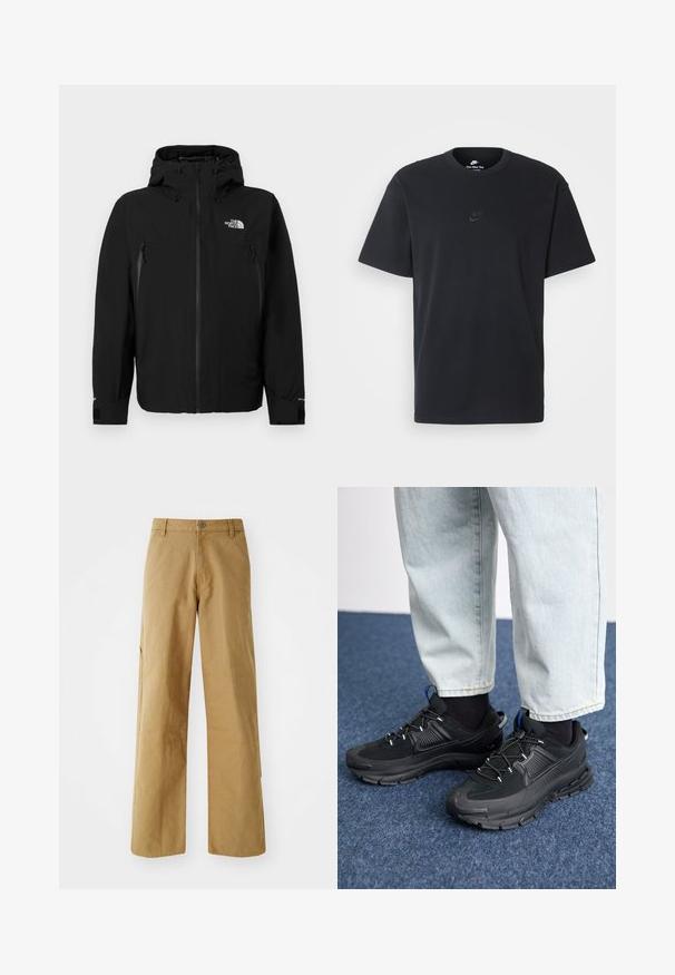 Black jacket with a hood, featuring a front zipper, two zippered side pockets, adjustable cuffs, and a logo on the upper left chest.; Nike black cotton t-shirt with a classic crew neck, short sleeves, and a subtle, embossed logo on the chest. Smooth texture.; Khaki cargo pants with a straight leg design, made from durable cotton fabric. Features side pockets and stitching details.; Black athletic shoes with textured fabric and rubber soles, featuring elastic laces and a blue accent on the heel. Worn with light denim pants.