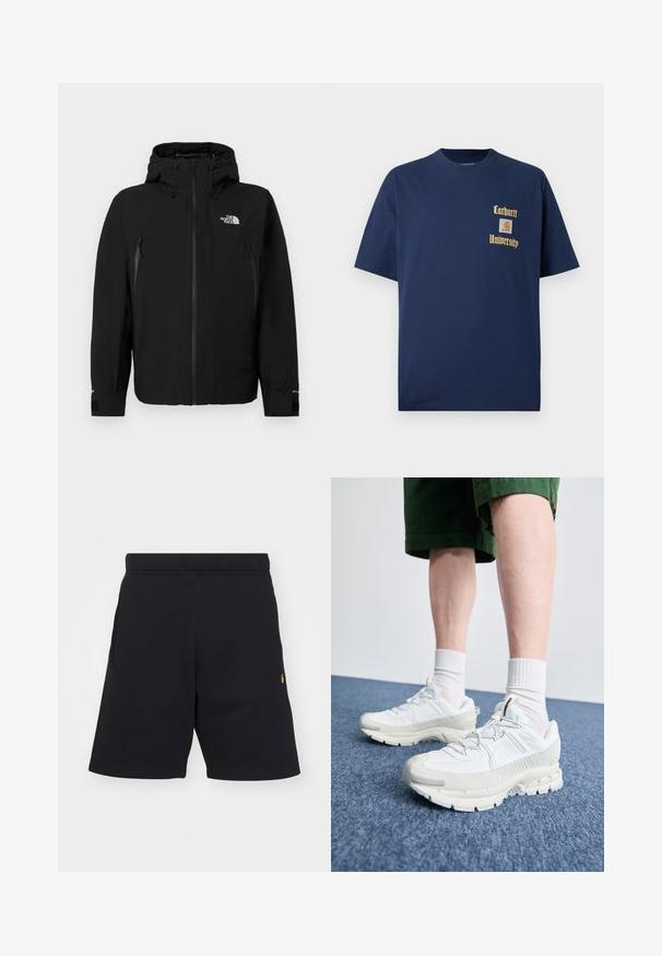 Black jacket with a hood, featuring a front zipper, two zippered side pockets, adjustable cuffs, and a logo on the upper left chest.; Navy blue cotton t-shirt with short sleeves, featuring gold text "Carhartt University" and a logo patch on the left chest.; Black shorts made of soft fabric, featuring an elastic waistband, side pockets, and a small gold logo accent on the lower left side.; White athletic shoes with textured overlays, a chunky sole, and gray accents. Worn with white crew socks and green shorts on a blue surface.