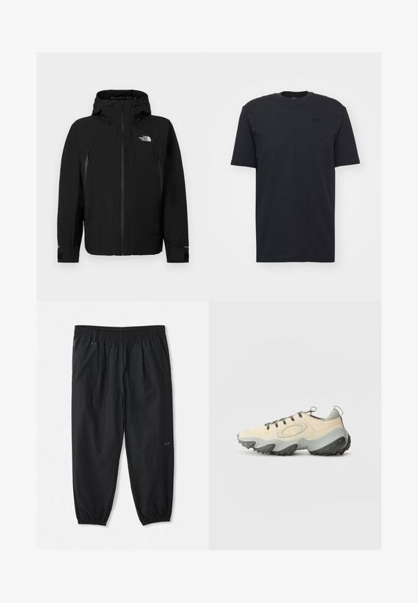 Juoda striukė su kapišonu, turinti priekinį užtrauktuką, dvi užtrauktukais uždaromas šonines kišenes, reguliuojamus rankogalius ir logotipą viršutiniame kairiajame krūtinės kampe.; Juodas medvilninis trumpa Rankovė t shirt su apvaliu iškirpimu, su subtiliu logotipo akcentu ant krūtinės ir laisvu siluetu.; Juodos laisvos elastinės juosmens kelnės su šoninėmis kišenėmis, kulkšnies elastinėmis rankogaliais ir mažuoju logotipu ant dešinio šlaunies.; Kreminės sportinės bateliai su tekstūruota tinklelio viršutine dalimi, pilku guminiu padu, išryškinta kreivine forma ir pilkomis raištelėmis. Yra traukimo juostelė ant kulno.