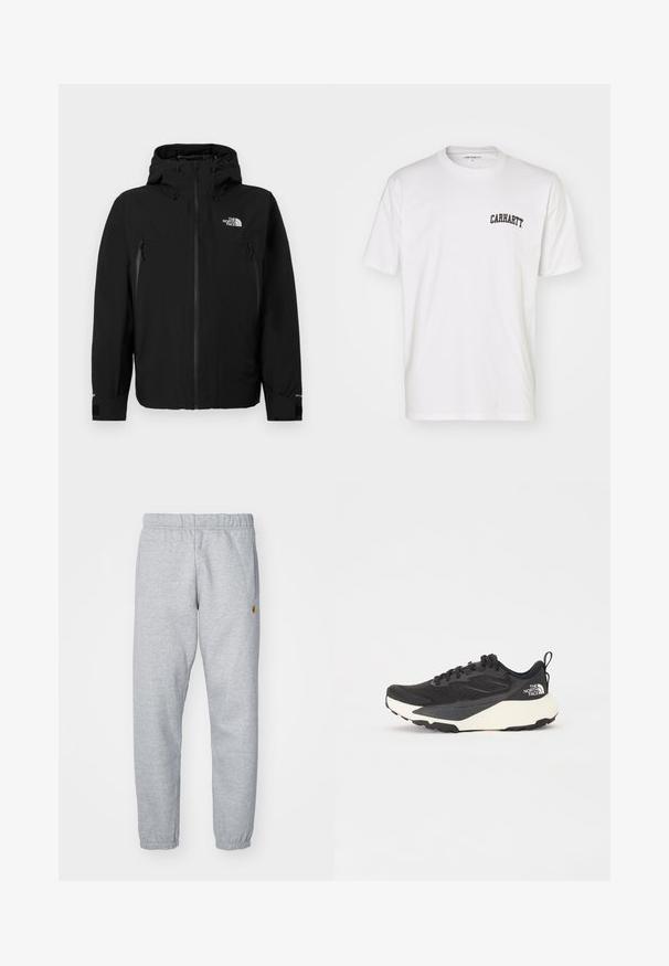 Fekete kapucnis dzseki, elülső cipzárral, két cipzáros oldalsó zsebbel, állítható mandzsettákkal, és egy logóval a bal felső mellkason.; Fehér pamut póló, rövid ujjakkal és kerek nyakkivágással. A bal felső mellrészen fekete "Carhartt" logó látható.; Szürke melegítőnadrág, puha anyagból készült, rugalmas derékrésszel, szűkített bokákkal és egy kis logóval az oldalon.; Fekete sportcipő texturált hálós felső résszel, egységes fekete kiegészítőkkel és fehér könnyített talppal. Fűzős záródással és húzóhurokkal rendelkezik.