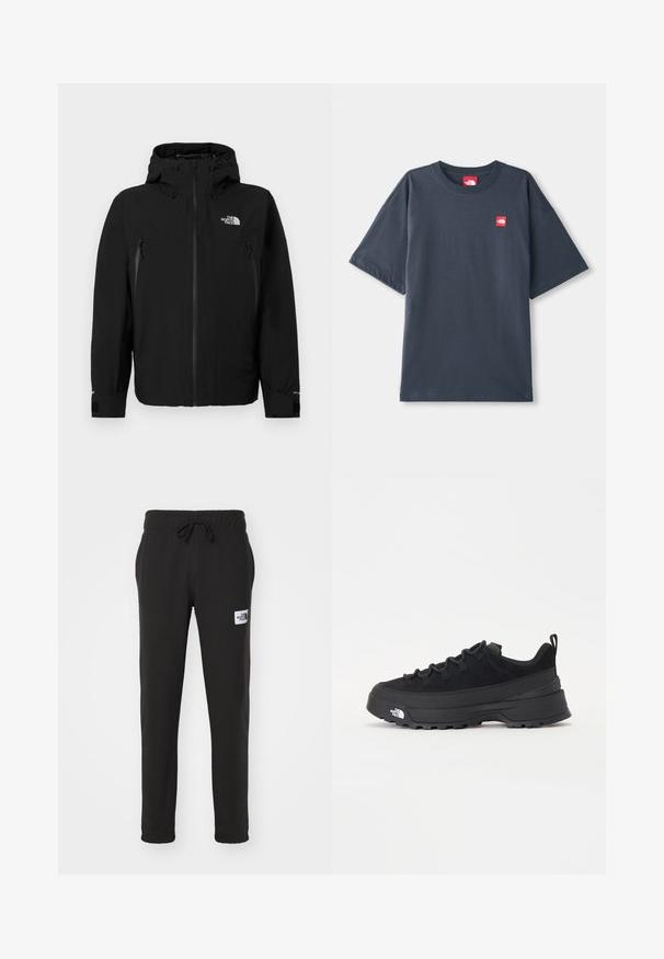 Sort jakke med hætte, der har en frontlynlås, to lynlåslommer på siden, justerbare ærmer og et logo på den øverste venstre bryst.; Mørk navy blå kortærmet T-shirt lavet af bomuld, med en rød logo-patch på venstre bryst og en klassisk rund halsudskæring.; The North Face Træningsbukser - black; Sort udendørs sneakers med overdel i ruskind, tekstureret gummisål og robust snøringssystem. Har en forstærket hæl og logo fra mærket på siden.