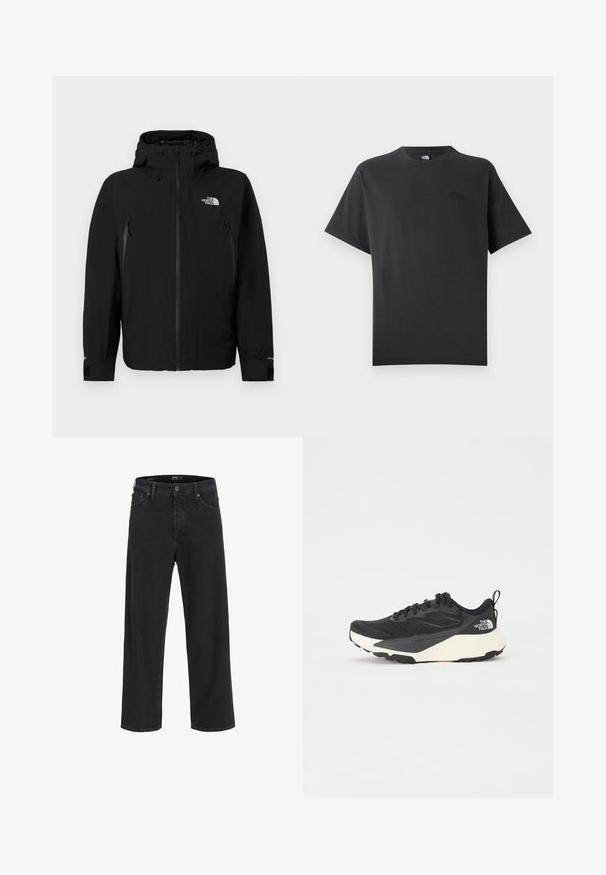 Black jacket with a hood, featuring a front zipper, two zippered side pockets, adjustable cuffs, and a logo on the upper left chest.; Black cotton t-shirt with short sleeves and a crew neckline. Features a small, embossed logo on the upper left chest area. Plain design.; Black denim wide-leg jeans with a high waist, featuring front pockets, a zip fly, and a button closure. Smooth texture and classic design.; Black athletic shoe with textured mesh upper, solid black accents, and white lightweight outsole. Features lace-up closure and pull tab.