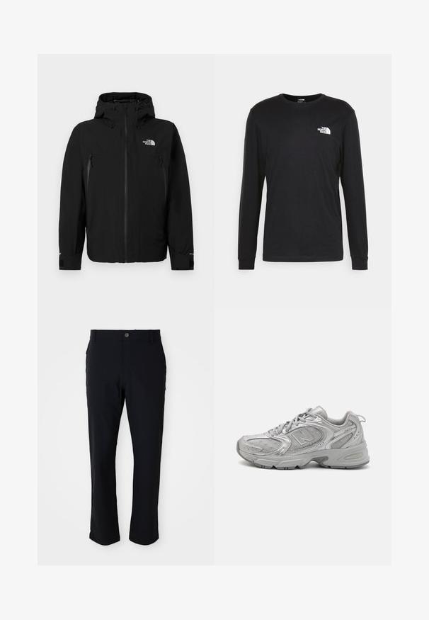 Crna jakna s kapuljačom, koja ima prednji zip, dva bočna džepa sa zatvaračem, podesive manžetne i logo na gornjem lijevom dijelu prsnog koša.; Crna majica dugih rukava od pamuka, s bijelim logotipom na lijevoj strani prsnog koša i rebrastim manžetama. Glatka tekstura s okruglim dekolteom.; Crne hlače s kopčanjem, ravnog kroja, glatke teksture i bočnim džepovima, prikladne za različite prilike.; Srebrna atletska cipela s elegantnim dizajnom, mrežastim panelima, podstavljenim jezikom, teksturiranom sintetičkom gornjom stranom i gumenim potplatom za prianjanje.