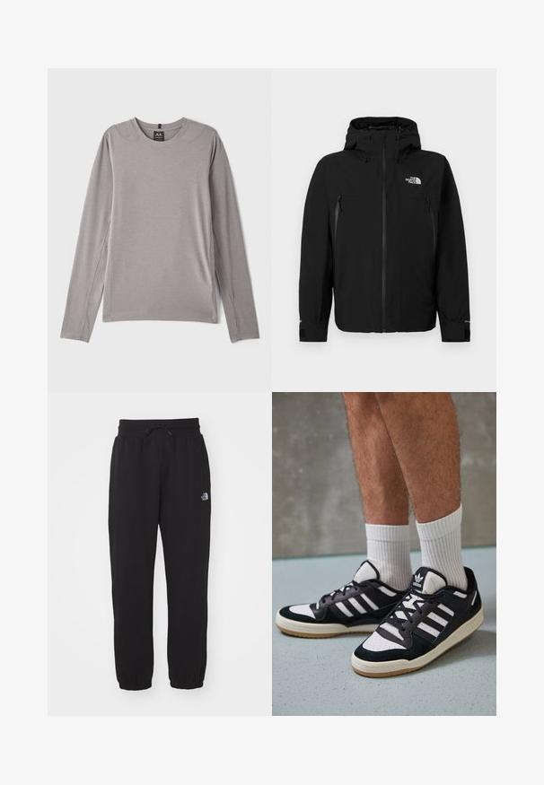 Veste noire avec capuche, dotée d'une fermeture éclair frontale, de deux poches latérales zippées, de poignets ajustables et d'un logo sur la poitrine supérieure gauche.; Chemise grise à manches longues avec un col rond, des fentes sur les côtés et un tissu lisse et extensible. Design minimaliste sans motifs ni embellissements.; Pantalons de survêtement noirs en tissu doux, dotés d'une taille élastique avec cordon de serrage, de chevilles resserrées et d'un petit logo sur la cuisse supérieure.; Baskets noir et blanc avec une tige en suède et cuir, comportant trois rayures blanches, un bout perforé et une semelle en caoutchouc gum.
