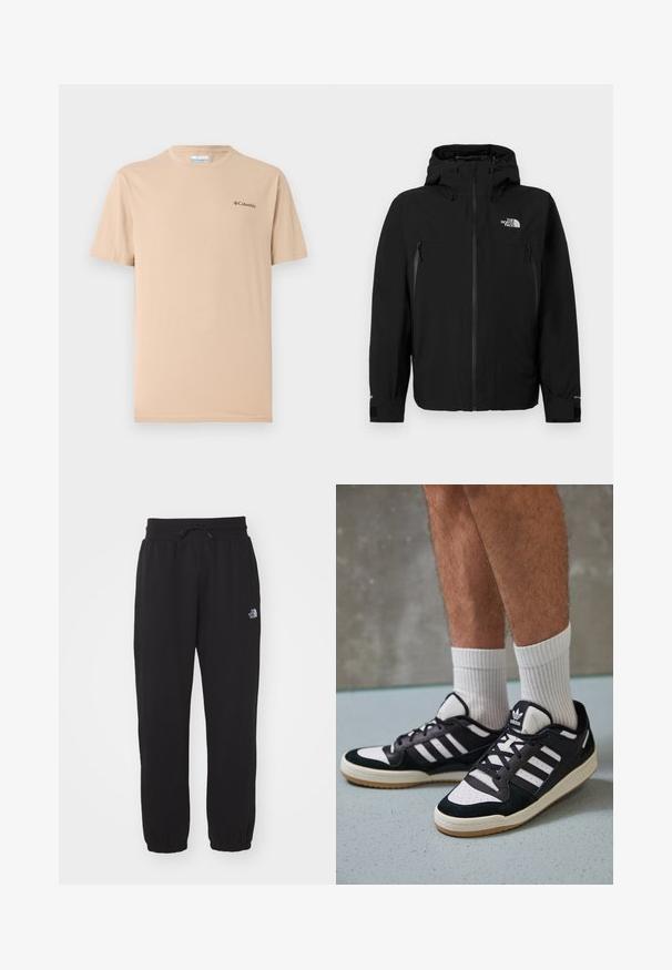 Črna jakna s kapuco, s sprednjim zadrgo, dvema žepoma na strani z zadrgo, nastavljivimi manšetami in logotipom na zgornji levi prsni strani.; Bež majica s kratkimi rokavi iz mehkega blaga, ki ima okroglo ovratnico in majhen črn logotip na levi prsni strani. Enostaven dizajn.; Črne trenirke iz mehkega materiala, z elastičnim pasom in vrvico, zoženimi gležnji ter majhnim logotipom na zgornjem stegnu.; Črno-bele superge z zgornjim delom iz usnja in nubuka, ki imajo tri bele črte, perforiran vrh prstov in podplat iz gume.