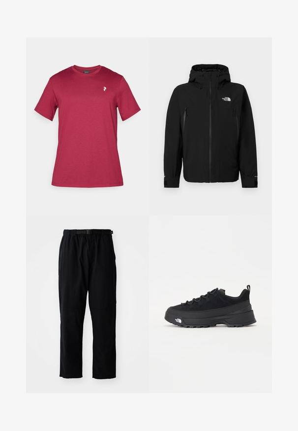 Jachetă neagră cu glugă, având un fermoar frontal, două buzunare laterale cu fermoar, manșete ajustabile și un logo pe partea stângă sus a pieptului.; Tricou din bumbac bordo, cu mânecă scurtă, guler rotund și un mic logo alb în zona pieptului stâng. Textură netedă și design casual.; Pantaloni negri, ușori, cu un croi lejer, având un talie cu curea, împăturiri la genunchi și un design cu picior drept.; Tenisi de exterior negri cu superior din daim, talpă din cauciuc texturat și sistem de șireturi solid. Prezintă un călcâi întărit și un logo al mărcii pe lateral.