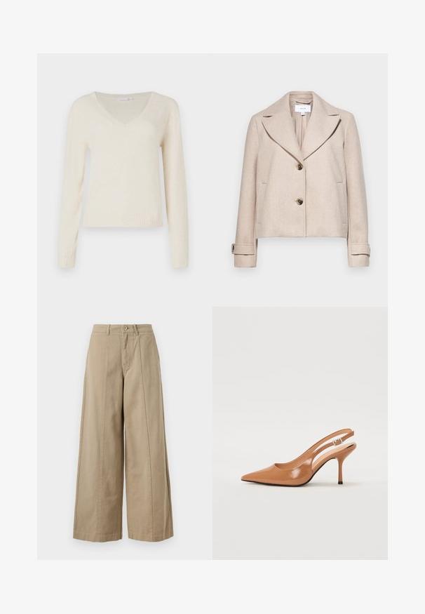 Smėlinis trumpas švarkas, pagamintas iš minkštos medžiagos, turi įpjovimą ant apykaklės, dvi priekines kišenes ir dvi dideles rudas sagas.; Kreminės spalvos V formos kaklo ilgos rankovės megztinis su raštinėmis rankovėmis ir apatine dalimi, rodoma prieš paprastą baltą foną.; Smėlio spalvos plačios kelnės, pagamintos iš tvirto medvilnės, su mygtuko užsegimu, diržo kilpomis ir švariu priekiu be matomų kišenių.; Pailgų smailiu pirštu slingback kulnas, pagamintas iš lygaus, blizgaus rudos spalvos medžiagos. Yra kreivų išpjovimų dizainas ir lieknas stiletto kulnas. Sidabrinė sagtis.