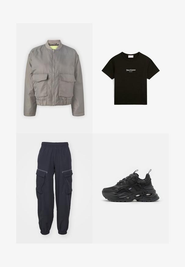 Szara kurtka bomberka z zapięciem na zamek, prążkowanym kołnierzem, dwiema przednimi kieszeniami z klapami oraz elastycznym dołem. Podszewka w jasnym żółtym kolorze.; Czarny bawełniany t-shirt z okrągłym dekoltem i krótkimi rękawami, z napisem "Juicy Couture SPORT" w białym kolorze na środku przodu.; Granatowe spodnie cargo z elastycznym pasem, z dwoma bocznymi kieszeniami i elastycznymi mankietami, wykonane z miękkiej, teksturowanej tkaniny.; Czarne sportowe sneakersy z siateczkową i syntetyczną skórzaną cholewką, okrągłym noskiem, masywną podeszwą z wycięciami oraz wzorzystymi sznurówkami.
