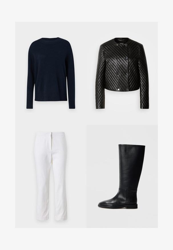 Black quilted leather jacket featuring a round neck, long sleeves, and snap fasteners, with diagonal stitching patterns and a cropped design.; Dark navy sweater made of soft knit fabric, featuring a ribbed crew neckline and long sleeves, with a relaxed fit and subtle texture.; White cotton pants with a straight leg design, featuring a mid-rise waist and no visible hardware or patterns. Smooth texture throughout.; Black leather knee-high boot with a rounded toe, smooth texture, minimalistic design, and a flat sole. Simple seam details on the shaft.