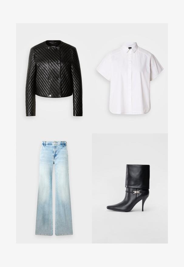 Crna jakna od brušene kože s kockicama, s okruglim vratom, dugim rukavima i zakovicama, s dijagonalnim šavovima i skraćenom dužinom.; Bijela kratka košulja s gumbima i uskim ovratnikom, s zakrivljenim rubom. Napravljena od pamuka s glatkom teksturom i bez vidljivih uzoraka.; Svijetloplave trapez hlače od trapera. Imaju izblijedjenu boju, standardne džepove i kopčanje na gumb u struku.; Crna kožna gležnjača s šiljastim prstom, visokim stiletto potplatom, preklopnim rubom i zlatnom dekorativnom kopčom na gležnju.