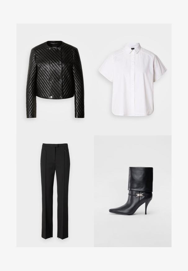 Mustat, tikatut nahkatakit, joissa on pyöreä kaula-aukko, pitkät hihat ja napit, joissa on kalteva ompelukuvio ja lyhyt malli.; Valkoinen lyhythihainen nappikauluspaita, jossa on terävä kaulus ja kaareva helma. Valmistettu puuvillasta, jossa on sileä pinta ja ei havaittavissa olevia kuvioita.; Mustat housut, joissa on räätälöity muotoilu, litteä etuosa, vetskarilliset taskut ja suora lahje. Valmistettu sileästä kankaasta.; Musta nahkasaapas nilkkapituudella, teräväkärkinen, korkea stiletto-korko, käännettävä varsi ja kultainen koristeellinen solki nilkassa.