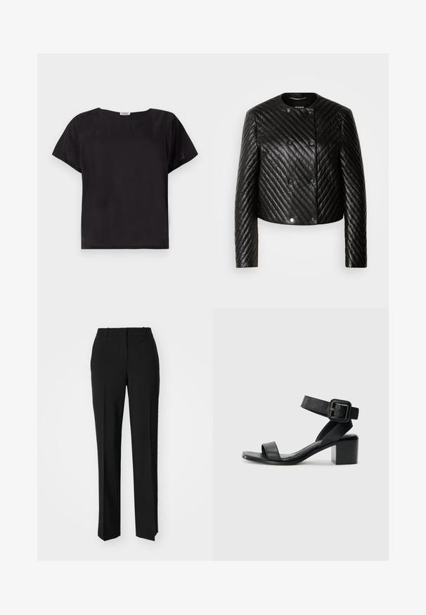 Črna prešita usnjena jakna z okroglim ovratnikom, dolgimi rokavi in snap gumbi, z diagoalnimi šivi in skrajšanim dizajnom.; Črn majica s kratkimi rokavi, sproščenega kroja, okroglim izrezom, gladko teksturo in preprostim, minimalističnim oblikovanjem. Brez vidnih vzorcev ali dodatkov.; Črne krojene hlače s direktnim krojem, ki se ponašajo z gladko teksturo in ostrimi pregibi spredaj. Ni vidne kovine.; Črne usnjene sandale na visoki peti z nastavljivim gležnjanjem, odprto obliko spredaj in kvadratno blok peto. Gladka tekstura, minimalističen slog.
