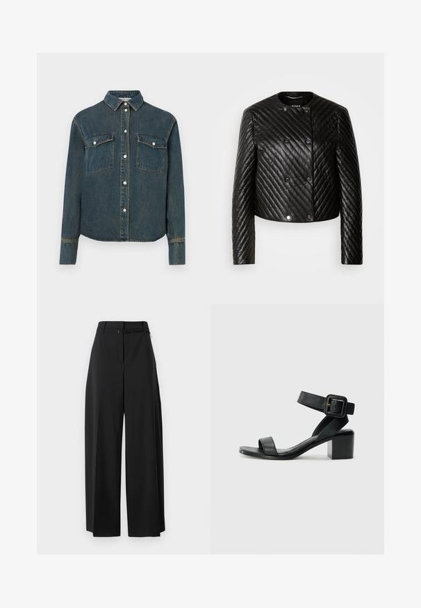 Giacca in pelle nera trapuntata con collo rotondo, maniche lunghe e chiusure a scatto, caratterizzata da cuciture diagonali e un design corto.; Camicia in denim con colletto, maniche lunghe, due tasche sul petto e chiusura frontale con bottoni. colore blu scuro con texture sbiadita.; Pantaloni larghi neri con vita alta e cintura. Presentano una texture liscia e linee pulite, progettati per un fit rilassato.; Sandalo con tacco in pelle nera, con cinturino alla caviglia regolabile, design open toe e tacco quadrato. Texture liscia, stile minimalista.