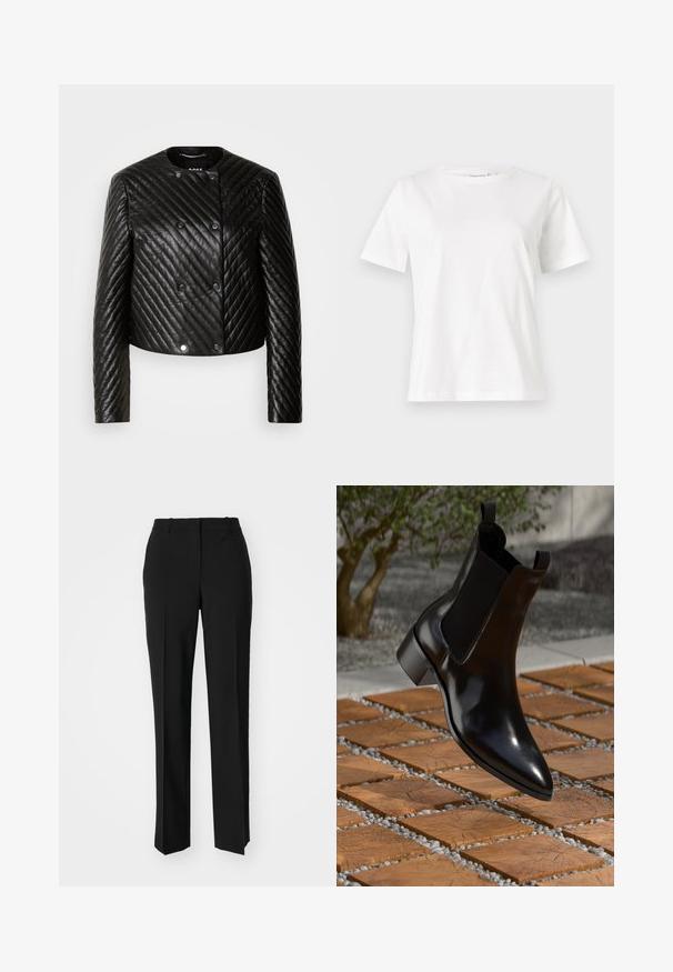Chaqueta de cuero acolchada negra con cuello redondo, mangas largas y cierres a presión, con patrones de costura en diagonal y un diseño corto.; Camiseta de algodón blanca de manga corta, con cuello redondo y un corte relajado. Textura suave, sin patrones ni acentos, diseño minimalista.; Pantalones negros ajustados con un diseño de pierna recta, que presentan una textura suave y pliegues nítidos en el frente. Sin herrajes visibles.; Bota Chelsea de cuero negro con punta afilada, paneles laterales elásticos y un tacón grueso, descansando sobre una superficie con patrón de piedra y madera.