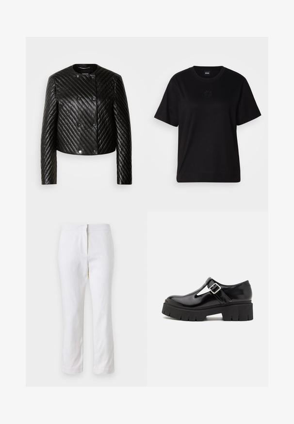 Fekete steppelt bőrkabát kerek nyakkal, hosszú ujjakkal és patentos záródással, ferde varrásmintákkal és cropped fazonnal.; Fekete pamut póló kerek nyakkivágással, rövid ujjakkal és hímzett logóval a mellkasán. Egyszerű, laza szabás, minta nélkül.; Fehér pamut nadrág egyenes lábformával, közepes derékkal, látható fémrészek vagy minták nélkül. Sima textúra az egész anyagon.; HUGO KRIS MARYJANE - Platform magas sarkúk - black