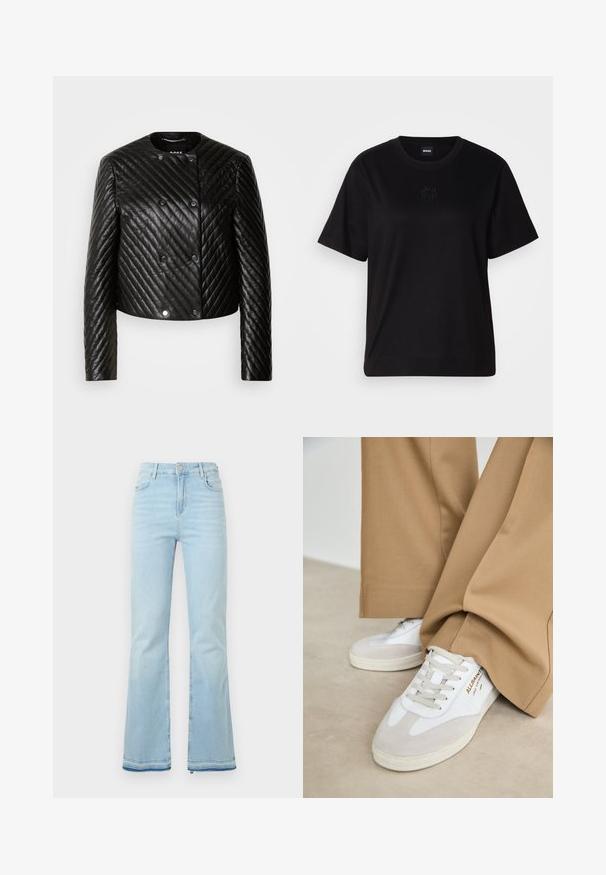 Must mustriga nahast jakk, millel on ümmargune kaelus, pikad varrukad ja nupud, diagonaalsed õmblusmustrid ja lühike disain.; Mustmust särk, millel on ümar kaelus, lühikesed varrukad ja tindiga tikitud logo rinnal. Lihtne, mugav lõige ilma mustriteta.; Heledad helesinised teksad, mis on valmistatud denimist, kõrge vöökohaga, esikottidega ning toore äärtega sääreosas, et luua lõdvestunud välimus.; Valged tenniset jalatsid, millel on nahast aksendid, tekstuuriga nöörid ja kummist talla. Kõrvuti laia tan värvi pükstega. Logo on külje peal.