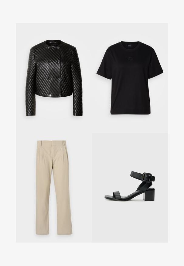 Black quilted leather jacket featuring a round neck, long sleeves, and snap fasteners, with diagonal stitching patterns and a cropped design.; Black cotton t-shirt with a crew neckline, short sleeves, and an embroidered logo on the chest. Simple, relaxed fit with no patterns.; Beige wide-leg trousers made of cotton blend; features pleats at the front, straight cut, and belt loops. Smooth texture, no patterns.; Black leather heeled sandal with adjustable ankle strap, open toe design, and a square block heel. Smooth texture, minimalistic style.