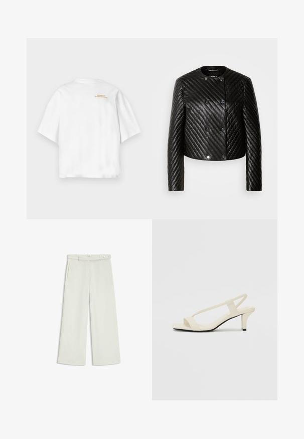 Black quilted leather jacket featuring a round neck, long sleeves, and snap fasteners, with diagonal stitching patterns and a cropped design.; White short-sleeve t-shirt with a rounded neckline. Features "BARBOUR INTERNATIONAL" in gold text on the upper back. Smooth cotton texture.; Wide-leg pants in light cream fabric, featuring side pockets, a flat front, and a single button closure at the waist. Smooth texture.; Beige block-heeled sandals with thin straps and a square toe. Smooth material with minimal detailing, designed for easy wear.