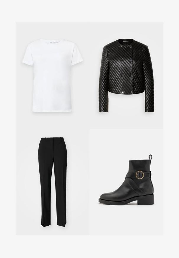 Chaqueta de cuero acolchada negra con cuello redondo, mangas largas y cierres a presión, con patrones de costura en diagonal y un diseño corto.; Camiseta blanca de manga corta hecha de algodón con diseño de cuello redondo. Textura suave y corte recto, sin patrones ni acentos.; Pantalones negros ajustados con un diseño de pierna recta, que presentan una textura suave y pliegues nítidos en el frente. Sin herrajes visibles.; BOSS IRYNA BOOTIE - Botines con plataforma - black