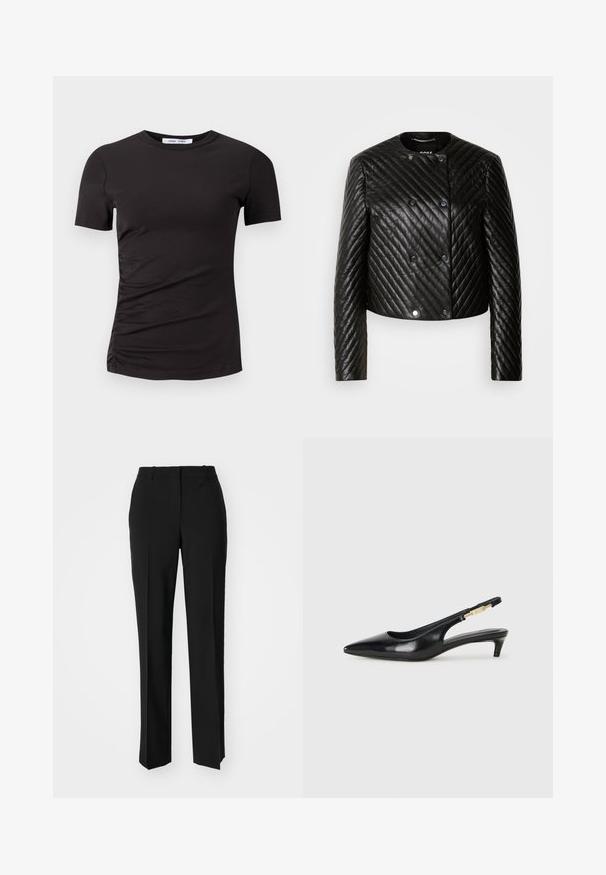 Sort quiltet læderjakke med rund hals, lange ærmer og trykknapper, med diagonale syninger og en kort design.; Sort t-shirt med korte ærmer lavet af blødt stof, med rund hals og samlede detaljer på venstre side for en subtil tekstur.; Sorte skræddersyede bukser med lige ben-design, der har en glat tekstur og skarpe folder langs fronten. Ingen synlige hardware.; Sorte læder slingback hæle med spids tå, der har en slank hæl og en guldfarvet detalje på den justerbare rem. Glat tekstur.
