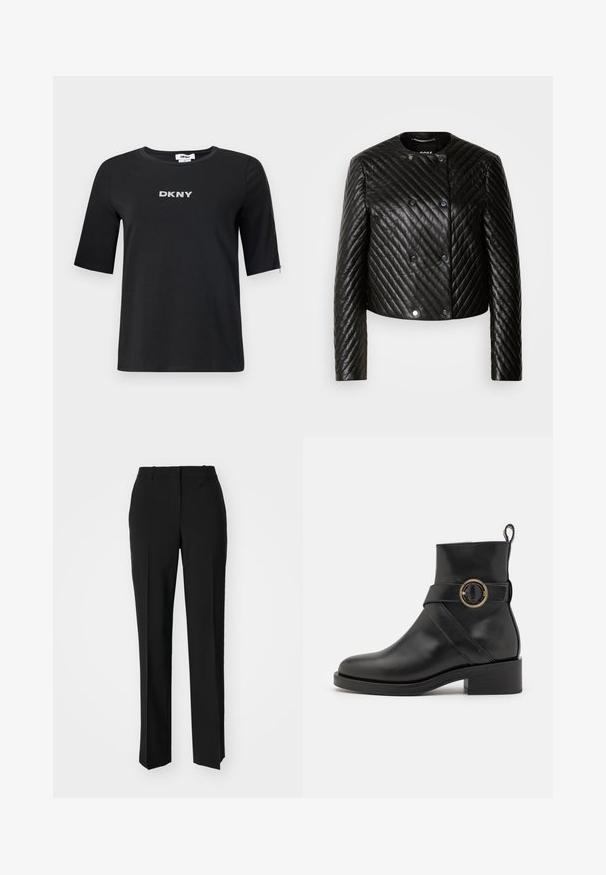 Black quilted leather jacket featuring a round neck, long sleeves, and snap fasteners, with diagonal stitching patterns and a cropped design.; Black short-sleeve t-shirt made of cotton with a crew neck. Features a silver "DKNY" logo on the front and a zipper accent on the sleeve.; Black tailored trousers with a straight-leg design, featuring a smooth texture and crisp creases along the front. No visible hardware.; BOSS IRYNA BOOTIE - Platform ankle boots - black