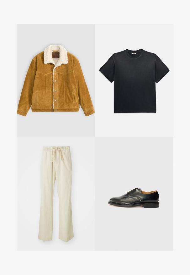 Rjava suedna jakna z obrobljeno kremasto barvo, zapiranje na gumbke in šivani detajli na sprednjih žepih.; Črna bombažna majica s kratkimi rokavi in okroglim izrezom. Ima sproščen kroj, gladko teksturo in minimalističen dizajn.; Bež hlače širšega kroja iz lahkotnega materiala. Imajo elastičen pas z vrvico in obliko zvončastih nog.; Črne usnjene oblečne čevlje z gladko površino, zaobljenim nosom in minimalnim vezanjem. Imajo diskretnem oblikovanju in nizkim, trdim gumijastim podplatom.