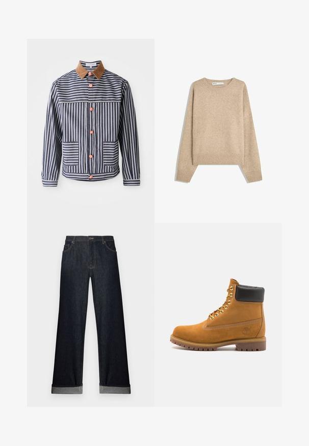 Giacca a strisce con linee verticali blu e bianche, colletto in pelle scamosciata marrone, bottoni rosa e due tasche frontali. Progettata con una vestibilità casual.; Maglione beige realizzato in morbido jersey testurizzato. Presenta un collo rotondo, polsini in coste e orlo cropped con spalle scese.; Jeans in denim scuro a gamba larga con orlo risvoltato, chiusura con bottone e tasche anteriori. Il tessuto ha una superficie liscia con dettagli di cucitura discreti.; Stivale alla caviglia in suede tan con collare imbottito nero, occhielli in metallo dorato, dettagli in cucitura bianca e suola in gomma robusta con battistrada pronunciato.
