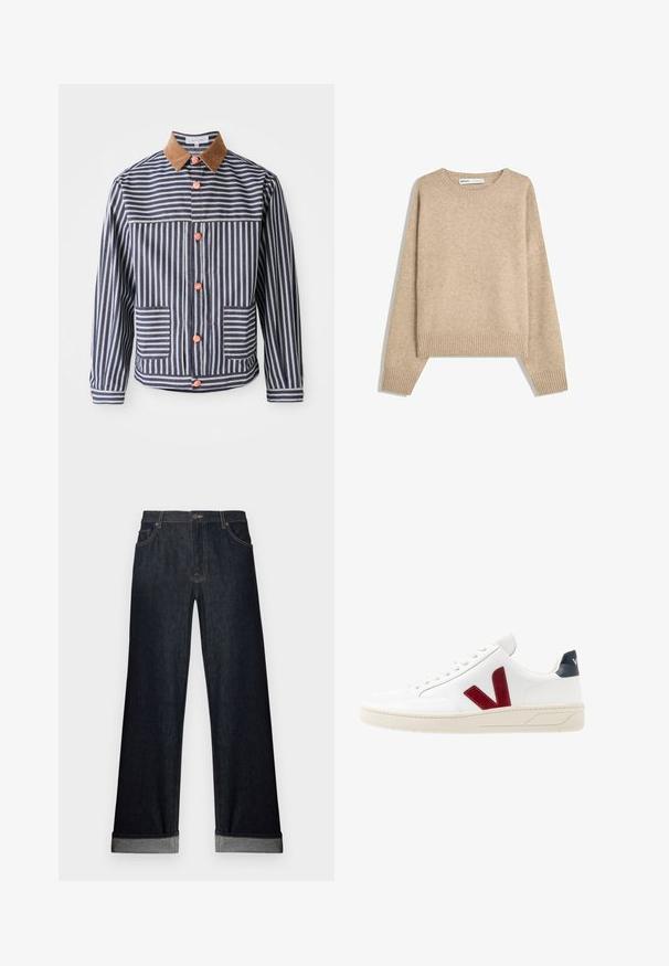 Striped jacket with blue and white vertical lines, brown suede collar, pink buttons, and two front pockets. Designed with a casual fit.; Beige sweater made of soft, textured knit. Features a round neckline, ribbed cuffs, and a cropped hem with dropped shoulders.; Wide-leg dark denim jeans with a cuffed hem, button closure, and front pockets. The fabric has a smooth texture with subtle stitching details.; White leather sneaker with a red rubber "V" logo, textured white laces, and a navy heel tab. Features a cream-colored rubber sole.