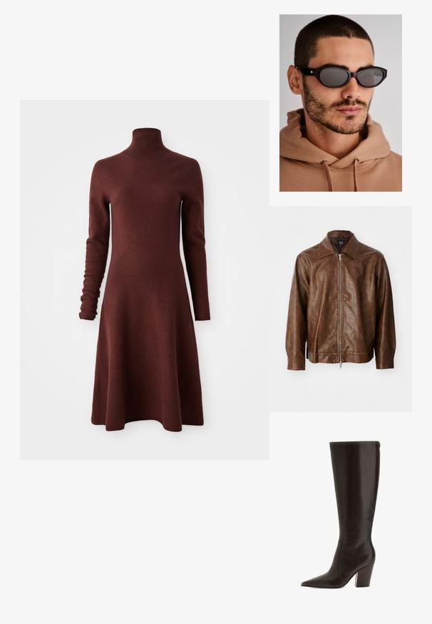 Jachetă din piele maro cu o textură netedă, închidere cu fermoar și două buzunare laterale. Dispune de un guler clasic și mâneci lungi.; Rochie tricotată cu mâneci lungi, guler înalt, de culoare burgundy, cu fustă evazată, prezentată pe un fundal alb.; Botă maro din piele, până la genunchi, cu vârf ascuțit și toc bloc. Prezintă o textură netedă și fermoar pe lateral pentru a fi ușor de purtat.; Ochelari de soare negri cu o formă ovală a lentilelor, lentile de culoare închisă și un râmă groasă. Accente subtile din metal auriu pe tige.; Geantă de mână împletită, de culoare neagră, cu o formă rotundă, suprafață texturată și un singur toc superior. Dispune de un design elegant și minimalist, fără hardware vizibil.