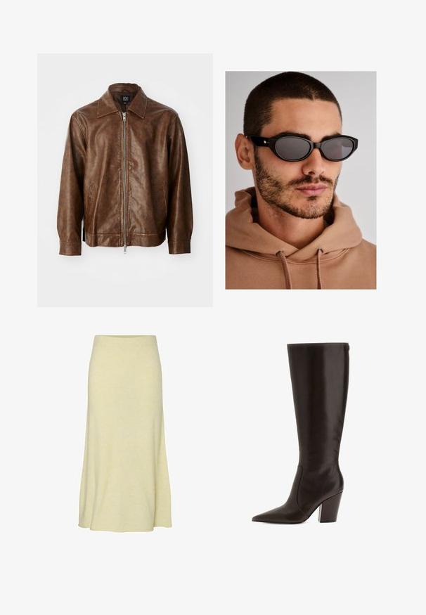 Brun läderjacka med en slät yta, dragkedjestängning och två sidofickor. Har klassisk krage och långa ärmar.; Burgundy långärmad topp i mjukt tyg, med en bred rund halsringning och en något rundad fåll för en avslappnad passform.; Gul stickad midikjol med ribbad midja, utsvängd silhuett och mjuk textur, med en slät yta utan detaljer.; Bruna läderstövlar i knähöjd med spetstopp och klack. Har en slät yta och sidodragkedja för enkelt påtagande.; Svarta solglasögon med oval linsform, mörkt tonade linser och en tjock ram. Diskreta guldfärgad detaljer vid skalmarna.; Svart vävd handväska med oval form, texturerad yta och ett enda handtag på toppen. Har en elegant, minimalistisk design utan synlig hårdvara.