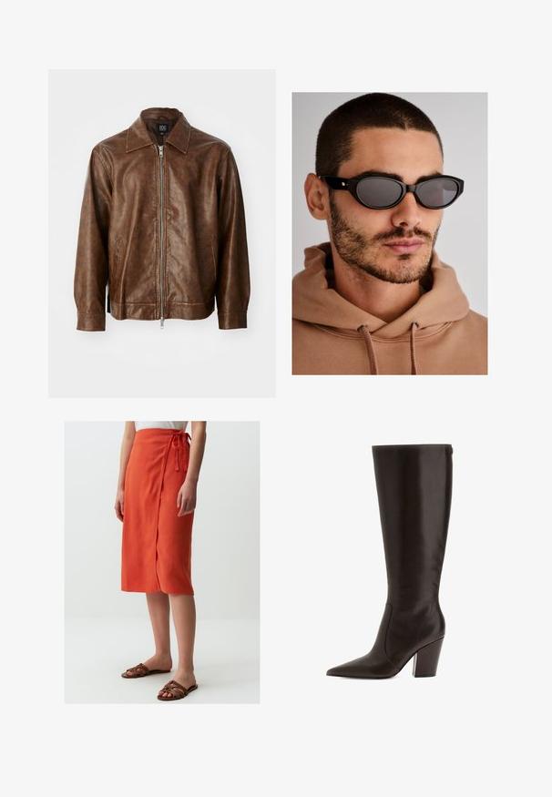 Braune Lederjacke mit glatter Textur, Reißverschluss und zwei seitlichen Taschen. Verfügt über einen klassischen Kragen und lange Ärmel.; Burgunderfarbenes Langarmshirt aus weichem Stoff, mit weitem, rundem Ausschnitt und leicht geschwungenem Saum für eine entspannte Passform.; Jimmy Key NORMAL WAIST SLIT - A-Linien-Rock - orange; Braune Lederstiefel bis zum Knie mit spitzem Zehenbereich und Blockabsatz. Verfügt über eine glatte Textur und einen seitlichen Reißverschluss für einfaches An- und Ausziehen.; Schwarze Sonnenbrille mit ovaler Linsenform, dunkel getönten Gläsern und einem dicken Rahmen. Dezente goldene Hardware-Akzente an den Bügeln.; Schwarze gewebte Handtasche mit runder Form, strukturiertem Oberflächenfinish und einem einzigen oberen Griff. Verfügt über ein elegantes, minimalistisches Design ohne sichtbare Beschläge.