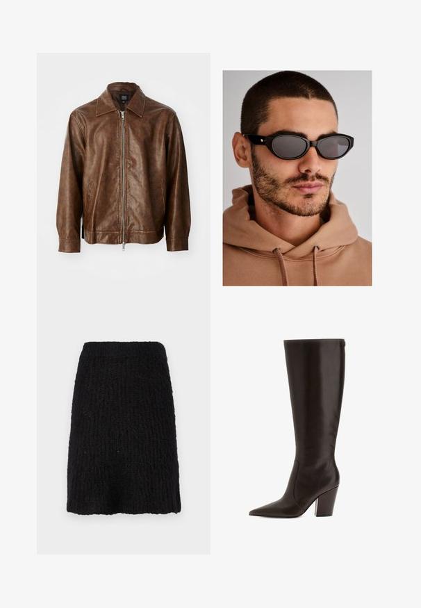 Rjava usnjena jakna z gladko teksturo, zadrgo in dvema stranskima žepoma. Ima klasičen ovratnik in dolge rokave.; Burgundska dolga majica z dolgimi rokavi, izdelana iz mehkega materiala, z širokim krožnim izrezom in rahlo ukrivljenim robom za sproščen fit.; Črna pletena krilo s teksturiranim vzorcem, srednje dolge in široke pasu. Material je videti mehak z rahlo puhasto površino.; Rjave usnjene škornje do kolen s koničastim nosom in blok peto. Imajo gladko teksturo in stranski zadrgo za enostavno obuvanje.; Črne sončne očala z ovalno obliko leč, temno zatemnjenimi lečami in debelim okvirjem. Diskretni zlatni detajli na ušesnih delih.; Črna pletena torbica za roke okrogle oblike, z teksturirano površino in enim zgornjim ročajem. Ima eleganten, minimalističen dizajn brez vidnih elementov.