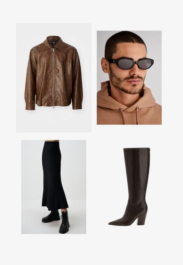Braune Lederjacke mit glatter Textur, Reißverschluss und zwei seitlichen Taschen. Verfügt über einen klassischen Kragen und lange Ärmel.; Burgunderfarbenes Langarmshirt aus weichem Stoff, mit weitem, rundem Ausschnitt und leicht geschwungenem Saum für eine entspannte Passform.; Schwarzer gestrickter Midirock mit ausgestelltem Saum und gerippter Textur, kombiniert mit schwarzen Schnürkampfboots. Schlanke Silhouette, keine sichtbaren Muster.; Braune Lederstiefel bis zum Knie mit spitzem Zehenbereich und Blockabsatz. Verfügt über eine glatte Textur und einen seitlichen Reißverschluss für einfaches An- und Ausziehen.; Schwarze Sonnenbrille mit ovaler Linsenform, dunkel getönten Gläsern und einem dicken Rahmen. Dezente goldene Hardware-Akzente an den Bügeln.; Schwarze gewebte Handtasche mit runder Form, strukturiertem Oberflächenfinish und einem einzigen oberen Griff. Verfügt über ein elegantes, minimalistisches Design ohne sichtbare Beschläge.