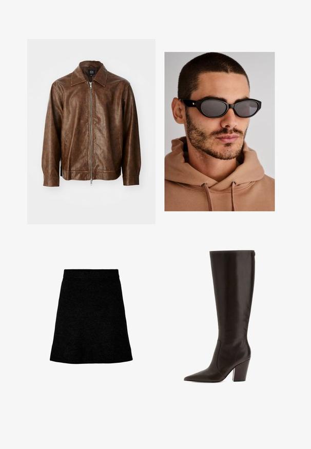 Rjava usnjena jakna z gladko teksturo, zadrgo in dvema stranskima žepoma. Ima klasičen ovratnik in dolge rokave.; Burgundska dolga majica z dolgimi rokavi, izdelana iz mehkega materiala, z širokim krožnim izrezom in rahlo ukrivljenim robom za sproščen fit.; Črna pletena krila s prilegnjenim pasom, A-linijo in gladko teksturo. Preprost dizajn brez vidnih vzorcev ali okrasnih detajlov.; Rjave usnjene škornje do kolen s koničastim nosom in blok peto. Imajo gladko teksturo in stranski zadrgo za enostavno obuvanje.; Črne sončne očala z ovalno obliko leč, temno zatemnjenimi lečami in debelim okvirjem. Diskretni zlatni detajli na ušesnih delih.; Črna pletena torbica za roke okrogle oblike, z teksturirano površino in enim zgornjim ročajem. Ima eleganten, minimalističen dizajn brez vidnih elementov.