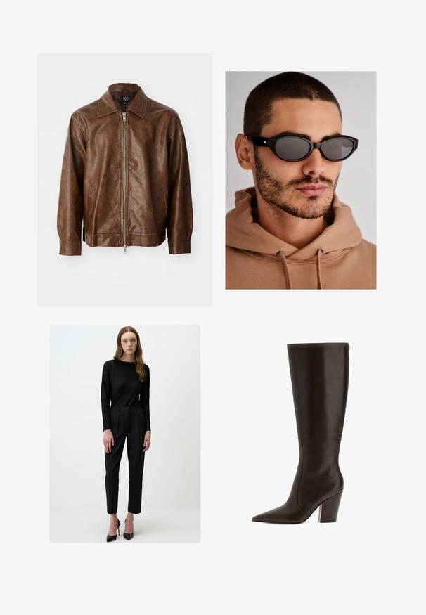 Bruine leren jas met een gladde textuur, ritsluiting en twee zijzakken. Heeft een klassieke kraag en lange mouwen.; Bordeaux lange mouwtop van zachte stof, met een brede ronde halslijn en een iets gebogen zoom voor een relaxte pasvorm.; Zwart geribbeld shirt met lange mouwen, gecombineerd met hoge zwarte broeken met rechte benen. Afgewerkt met spitse zwarte hoge hakken.; Bruine leren kniehoge laars met een spitse neus en blokhak. Heeft een gladde textuur en een zijrits voor gemakkelijke aan- en uittrekken.; Zwarte zonnebril met een ovale lensvorm, donkergetinte glazen en een stevig montuur. Fijne gouden accenten op de pootjes.; Zwarte, geweven handtas met een ronde vorm, gestructureerd oppervlak en een enkele handgreep aan de bovenkant. Heeft een slank, minimalistisch ontwerp zonder zichtbare hardware.