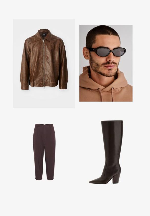 Braune Lederjacke mit glatter Textur, Reißverschluss und zwei seitlichen Taschen. Verfügt über einen klassischen Kragen und lange Ärmel.; Burgunderfarbenes Langarmshirt aus weichem Stoff, mit weitem, rundem Ausschnitt und leicht geschwungenem Saum für eine entspannte Passform.; Dunkelbraune, hoch taillierte Hose mit lockerer Passform, gefaltetem Vorderteil und schmal zulaufendem Bein, ausgestattet mit einer glatten Textur und ohne sichtbare Beschläge.; Braune Lederstiefel bis zum Knie mit spitzem Zehenbereich und Blockabsatz. Verfügt über eine glatte Textur und einen seitlichen Reißverschluss für einfaches An- und Ausziehen.; Schwarze Sonnenbrille mit ovaler Linsenform, dunkel getönten Gläsern und einem dicken Rahmen. Dezente goldene Hardware-Akzente an den Bügeln.; Schwarze gewebte Handtasche mit runder Form, strukturiertem Oberflächenfinish und einem einzigen oberen Griff. Verfügt über ein elegantes, minimalistisches Design ohne sichtbare Beschläge.