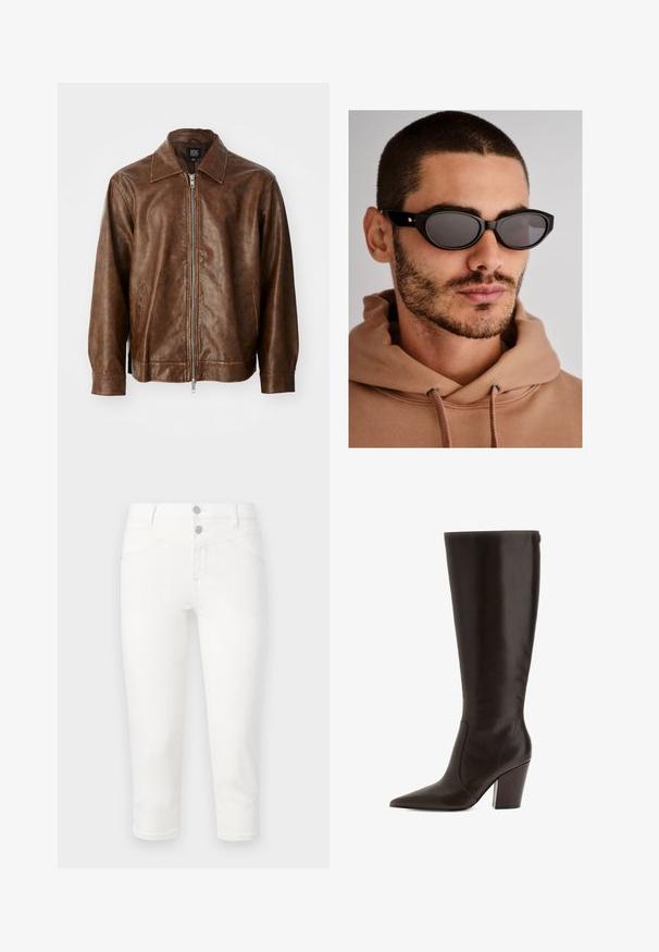 Hnědá kožená bunda s hladkým povrchem, zipovým uzávěrem a dvěma bočními kapsami. Má klasický límec a dlouhé rukávy.; Burgundské tričko s dlouhým rukávem vyrobené z měkkého materiálu, s širokým kulatým výstřihem a mírně zakřiveným lemem pro uvolněný střih.; Bílé zkrácené džíny vyrobené z bavlněné směsi. Mají dvě přední kapsy, dvě zadní kapsy a hladký povrch. Uzavření na kovový knoflík.; Hnědá kožená vysoká bota po kolena s špičatou špičkou a blokovým podpatkem. Má hladký povrch a boční zip pro snadné obouvání.; Černé sluneční brýle s oválným tvarem čoček, tmavě zabarvenými čočkami a silným rámem. Discretní zlaté kovové detaily na stranách.; Černá tkaná kabelka zaobleného tvaru s texturovaným povrchem a jedním horním držadlem. Má elegantní, minimalistický design bez viditelného kovového příslušenství.
