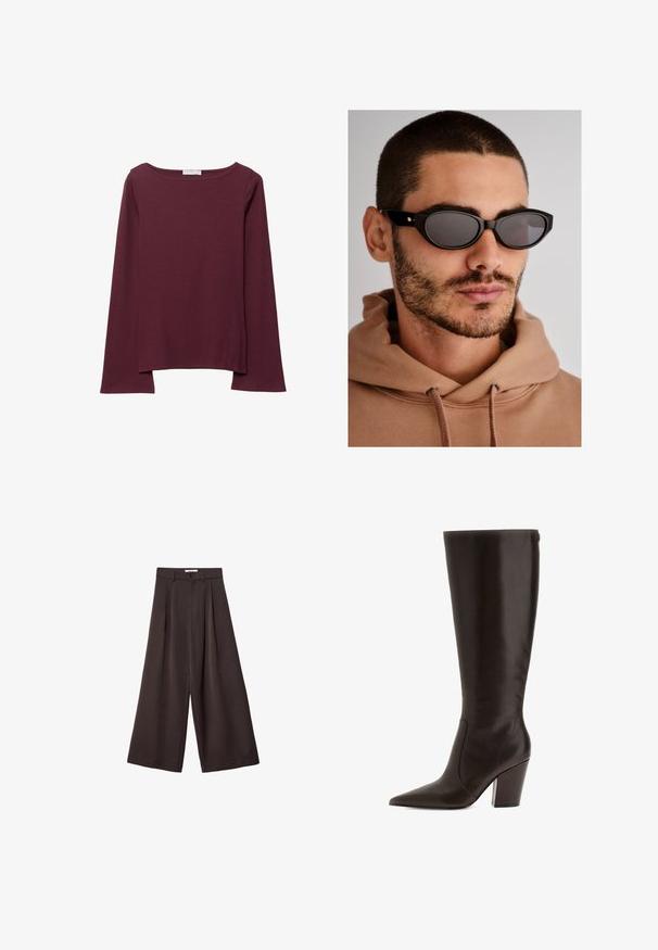 Brun læderjakke med en glat tekstur, lynlås lukning og to sidelommer. Har en klassisk krave og lange ærmer.; Bordeaux langærmet top lavet af blødt stof, med en bred cirkulær halsudskæring og en let buet kant for en afslappet pasform.; Sorte vidde bukser med høj talje, med frontfolder og knaplukning i taljen, lavet af glat stof.; Brune læderknæ-high støvle med spids tå og blokhæl. Har en glat overflade og lynlås på siden for nem påtagning.; Sorte solbriller med oval linseform, mørkt tonede linser og en kraftig stel. Subtile detaljer i guld på stængerne.; Sort vævet håndtaske med en afrundet form, struktureret overflade og et enkelt håndtag på toppen. Har et elegant, minimalistisk design uden synligt hardware.