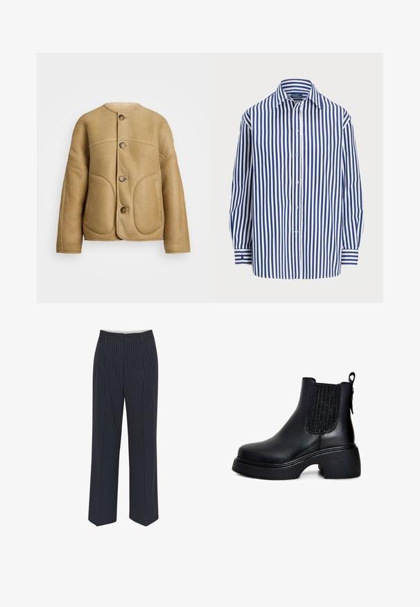 Beige kožená bunda s jemnou texturou, kulatým límcem, dvěma předními kapsami a upevněním na knoflíky. Jednoduchý, strukturovaný design.; Pruhovaná košile s vertikálními námořnickými a bílými pruhy, s knoflíkovým zapínáním vpředu a klasickým límečkem. Dlouhé rukávy s knoflíkovými manžetami.; Námořnické modré kalhoty s bílými vertikálními pruhy, široké nohavice, hladká tkanina, poutka na opasek a záhyb vpředu pro upravený vzhled.; Černé kožené kotníkové boty s elastickými bočními panely, kulatou špičkou, mohutnou texturovanou podrážkou a poutkem na zadní straně pro snadné obouvání.