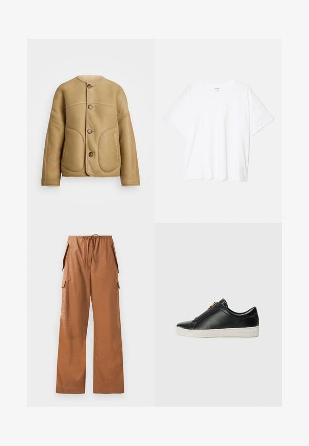 Beige Lederjacke mit weicher Textur, runder Kragen, zwei Fronttaschen und Knopfverschluss. Schlichtes, strukturiertes Design.; Weißes Baumwoll-T-Shirt mit kurzen Ärmeln, runder Halslinie, lockerer Passform und genähtem Saum. Etikett sichtbar am inneren Kragen.; Braune weit geschnittene Cargo-Hose aus leichtem Stoff, mit elastischem Taillenbund und Kordelzug sowie Seitentaschen.; Schwarze Leder-Slipper mit einer erhöhten Naht, silbernen Hardware-Details auf dem Obermaterial und einer weißen Gummisohle mit geprägtem Branding.