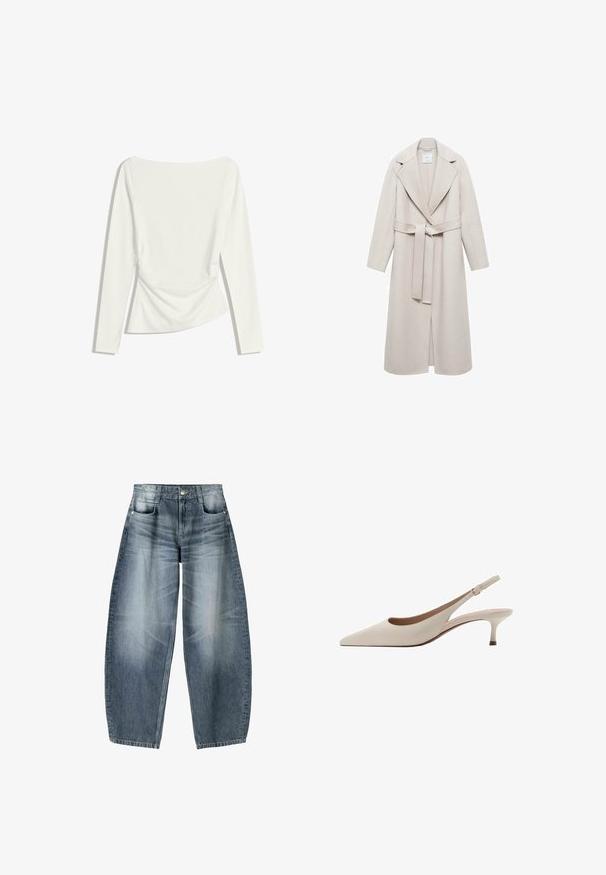 Svetlo bež plašč z zareznim ovratnikom, dolgimi rokavi in pasom. Izdelan iz mehkega blaga z gladko teksturo, z minimalističnim dizajnom.; Bela dolga majica za ženske z čolnastim izrezom, nagubanim pasom in rahlo prilegajočo silhueto.; Široke kavbojke iz svetlo modrega denima s postopnim zbledeljem, z zasnovo petih žepov, gumbom za zapiranje in minimalnimi podrobnostmi šivanja.; Bež sandale s peto, ki se zavezuje za peto, z izostrenim nosom in nizko, razširjeno peto. Narejene iz gladke usnje z minimalisticnim dizajnom in prilagodljivo zanko.