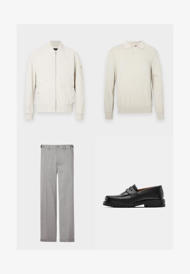 Light grey bomber jacket with a zip front, ribbed collar and cuffs, two side pockets, and a zip pocket on the left sleeve. Smooth texture.; Cream long-sleeve polo shirt in a soft knit fabric. Features a classic collar, two buttons, and ribbed cuffs and hem. Subtle logo on chest.; Gray tailored trousers with a straight-leg design, made from smooth fabric. Features two front pockets and dual button closure at the waist.; Black leather loafers feature a raised seam, two decorative straps on the upper, and a thick textured sole for added grip.