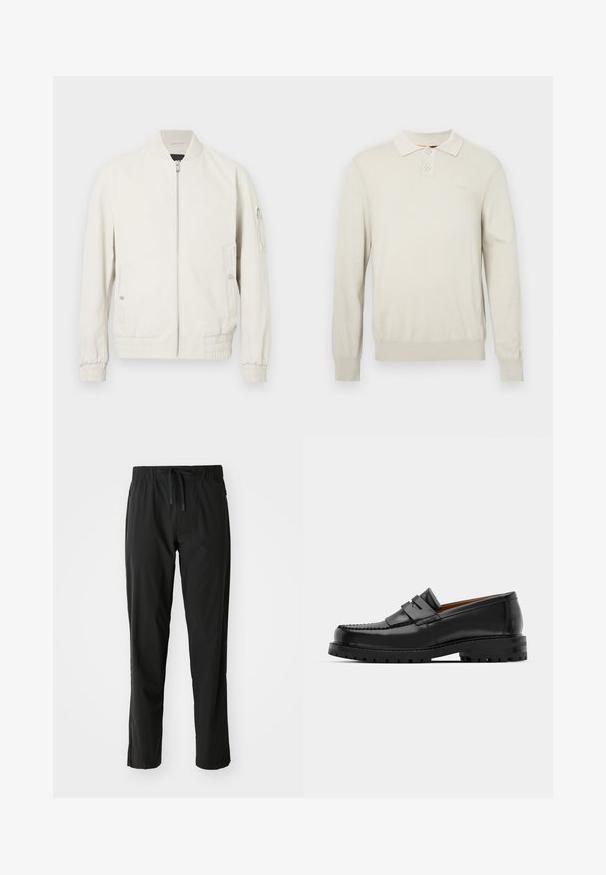 Lys grå bomberjakke med lynlås foran, ribbet krave og manchetter, to sidelommer og en lynlåslomme på venstre ærme. Glat tekstur.; Cremefarvet langærmet polo skjorte i blød strikstof. Har en klassisk krave, to knapper, samt ribstrikkede manchetter og kant. Diskret logo på brystet.; BOSS ACTIVE MOVE - Træningsbukser - black; Sorte læder loafers har en forhøjet søm, to dekorative remme på overdelen og en tyk struktureret sål for bedre greb.