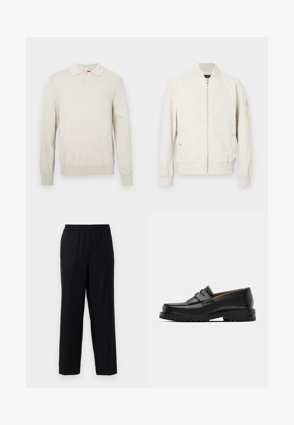Lichtgrijze bomberjack met een rits aan de voorkant, ribbelkraag en -manchetten, twee zijzakken en een ritszak op de linkermouw. Soepele textuur.; Crème lange mouwen polo shirt van een zachte gebreide stof. Heeft een klassieke kraag, twee knopen, en geribbelde manchetten en zoom. Subtiel logo op de borst.; Zwarte broek met een elastische tailleband, recht gesneden ontwerp en een gladde, lichte stof. Geen zichtbare zakken of patronen.; Zwarte leren instappers hebben een verhoogde naad, twee decoratieve banden op de bovenkant en een dikke, gestructureerde zool voor extra grip.