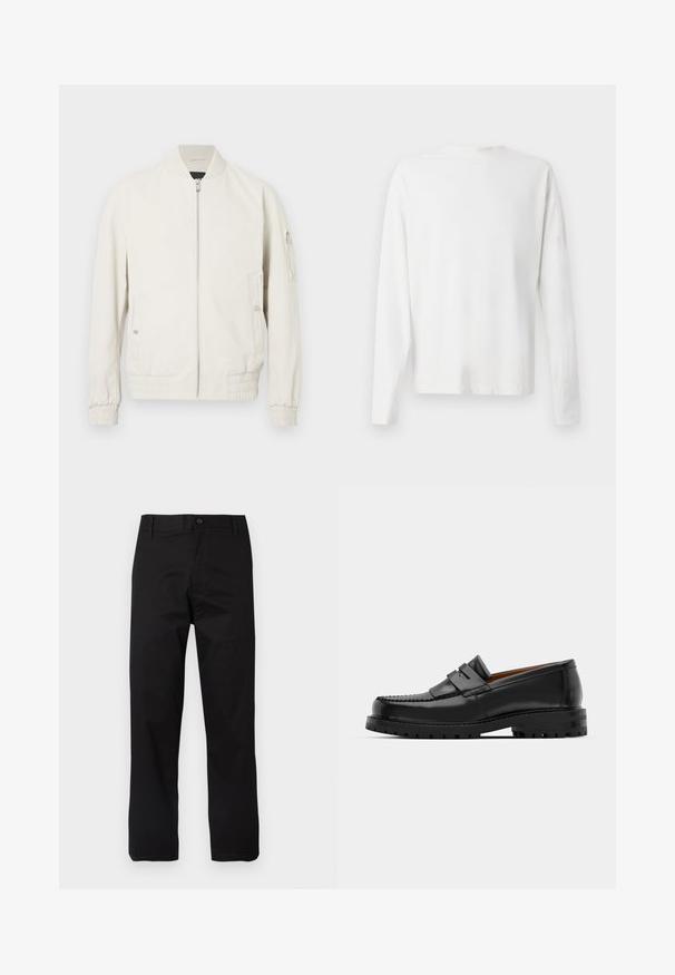 Svetle šedá bomber bunda se zipem vpředu, žebrovaným límcem a manžetami, dvěma bočními kapsami a zipovou kapsou na levém rukávu. Hladký povrch.; Bílá bavlněná košile s dlouhým rukávem a kulatým výstřihem, s bočními rozparky na spodní části a hladkým povrchem, vystavená zezadu.; Černé bavlněné kalhoty s přímým střihem, zapínáním na knoflíky a poutky na pásek s minimálním zdobením švy.; Černé kožené mokasíny mají zvýšený šev, dvě dekorativní pásky na svršku a silnou strukturovanou podrážku pro lepší přilnavost.