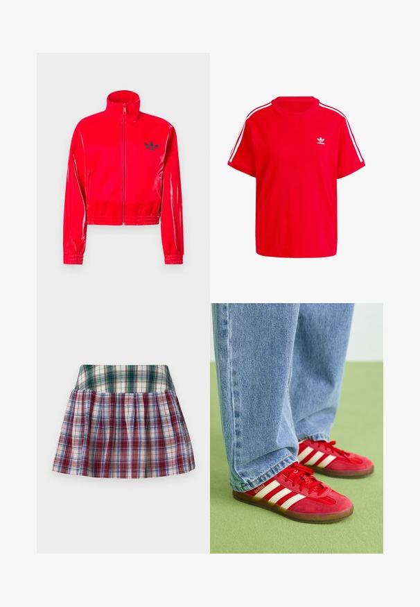 Rode, glanzende jas met ritssluiting en een hoge kraag. Voorzien van elastische manchetten en zoom, met een klein zwart logo op de borst.; Rode katoenen t-shirt met een ronde halslijn, korte mouwen, witte drie-strepen accenten op de schouders en een klein wit logo op de borst.; Sinead Gorey STRIPED PLEATED MINI SKIRT - Minirok - green/red; Rode suède sneakers met drie witte strepen, ronde neus en gestructureerde zool, gecombineerd met lichtblauwe spijkerbroek op een groene achtergrond.